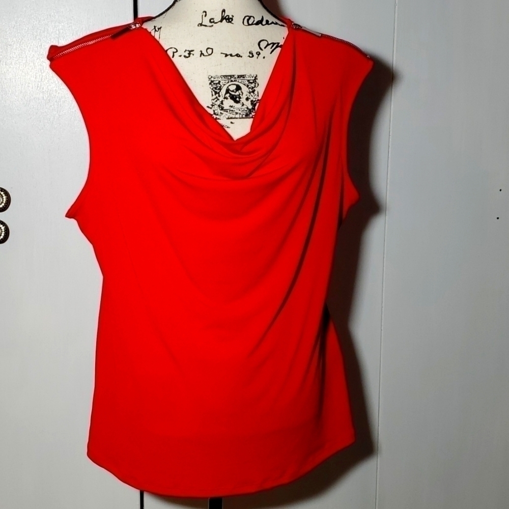Premise|Ruby Red Cowl Neck Blouse Silver Zippers Sleeveless Satin Feel Sz.XL